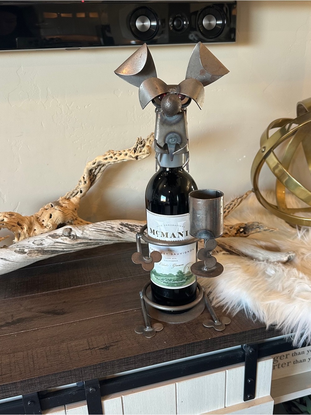 Junkyard Dog Folk Art Metal Wine Spirits Bottle Topper & Bottle Holder Handmade